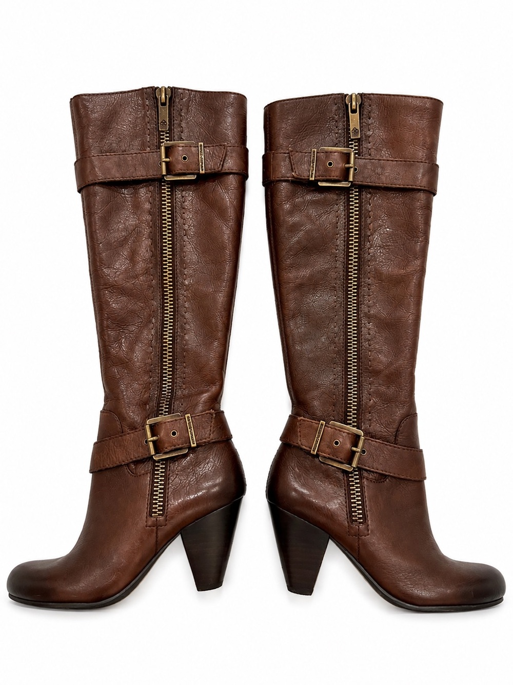 Arturo Chang Women's Brown Leather Mid-Calf Heeled Boots Vintage Buckle 6